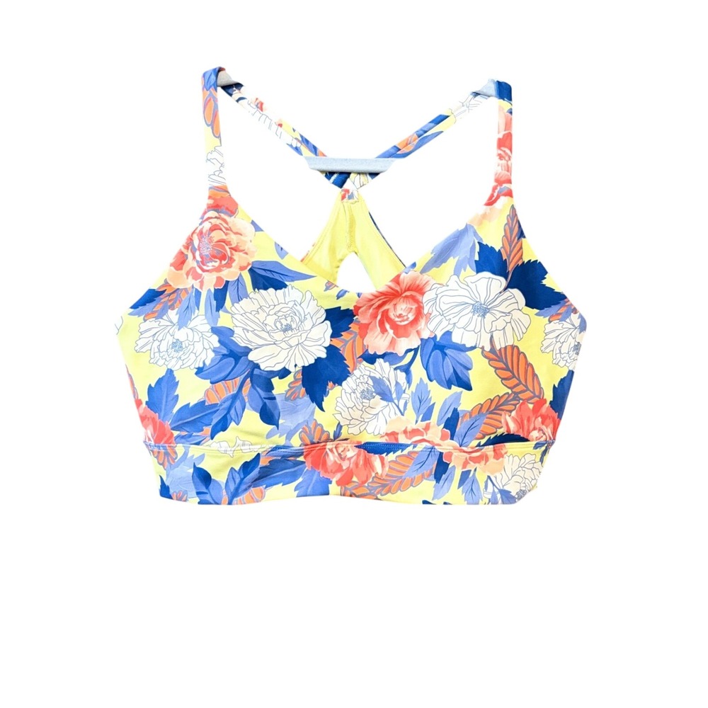 Marika Floral Racerback Sports Bra Yellow Blue Coral Keyhole Back Activewear Top